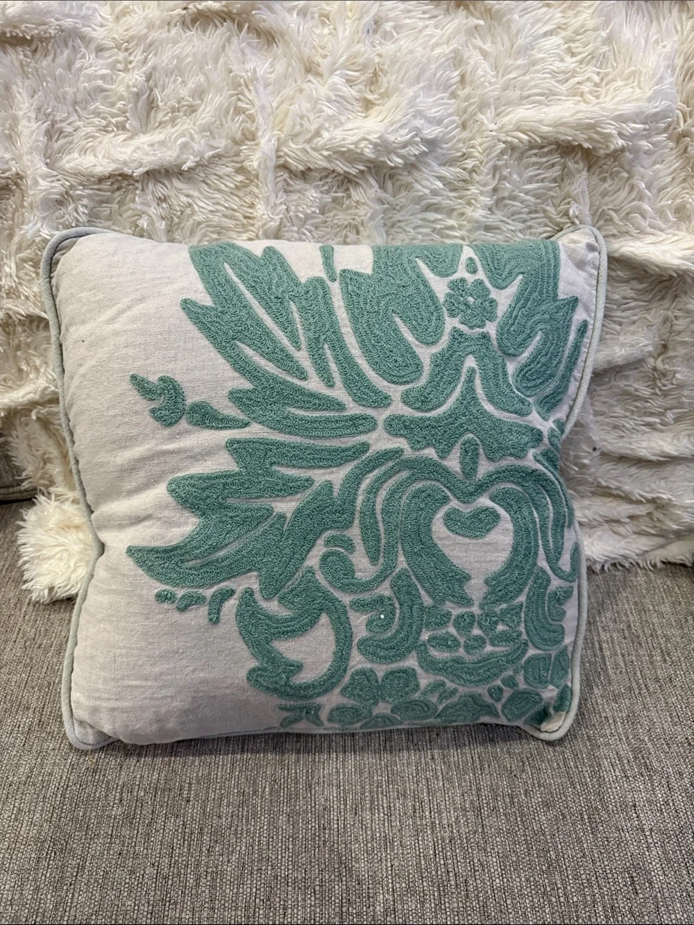 Linen Coastal Embroidered Teal Floral Accent down filled pillow